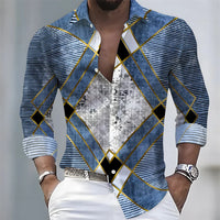Summer lightweight men's printed long-sleeved shirt, retro floral plaid color-blocked casual shirt, Hawaiian vacation style top.