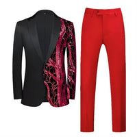 Red Sequin Blazer & Pants Set , Men's Shiny Party Outfit Suits for Weddings, Concerts & Festive Celebrations