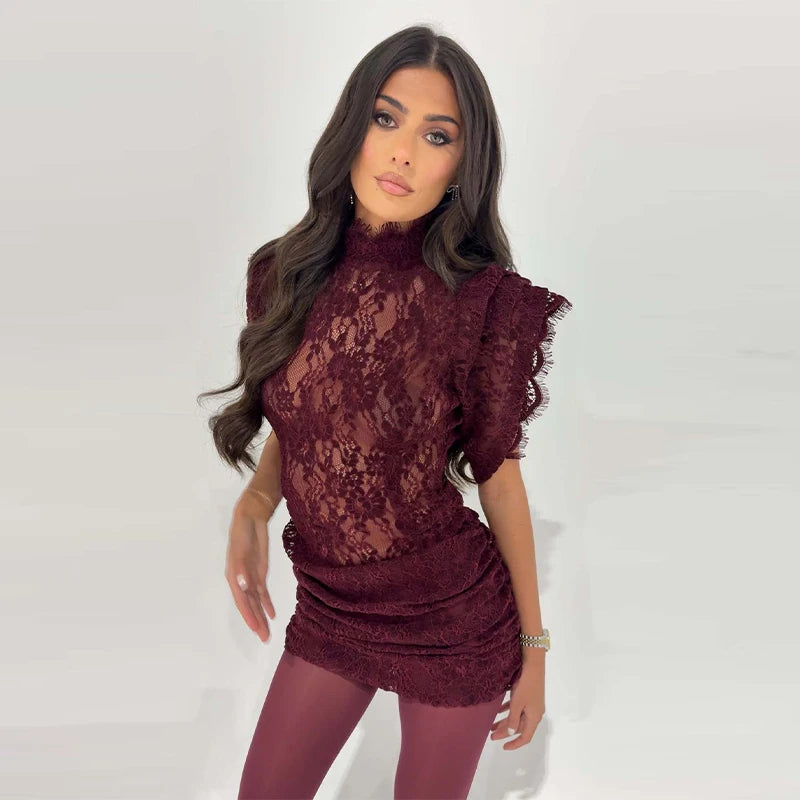 Sexy Lace See Through Party Dress Women Slim Fly Sleeve O-neck Evening Solid Dresses Female 2026 Patchwork Pleated  Robe Lady