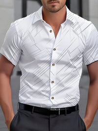 Men's Geometric Print Business Casual Short Sleeve Button-Up Shirt - White with Black Geometric Pattern Polyester 100%