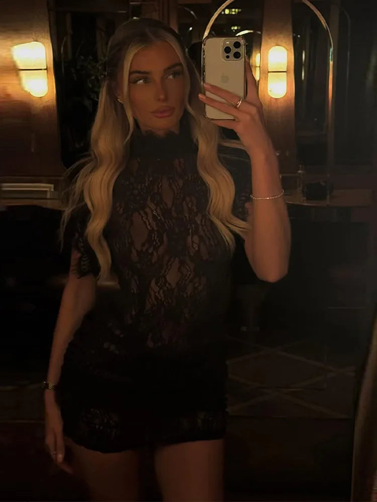 Sexy Lace See Through Party Dress Women Slim Fly Sleeve O-neck Evening Solid Dresses Female 2026 Patchwork Pleated  Robe Lady