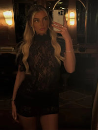 Sexy Lace See Through Party Dress Women Slim Fly Sleeve O-neck Evening Solid Dresses Female 2026 Patchwork Pleated  Robe Lady