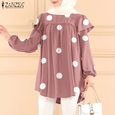 ZANZEA Turkey Blouse Polka Dots Printed Causal Tops Ruffles Long Puff Sleeve Female Shirt Muslim Hijab Blouse Oversize Blusas