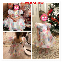 Elegant Girls Flower Puff Sleeve Dresses For Weddings  Kids Formal Birthday Party Fairy Princess Cloth Children Tulle Vestidos