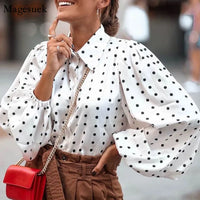 New Office Lady White Blouse Shirt Women Polka Dot Lantern Sleeve Women Blouses Tops Oversized Loose Female Shirt Blusas 12372