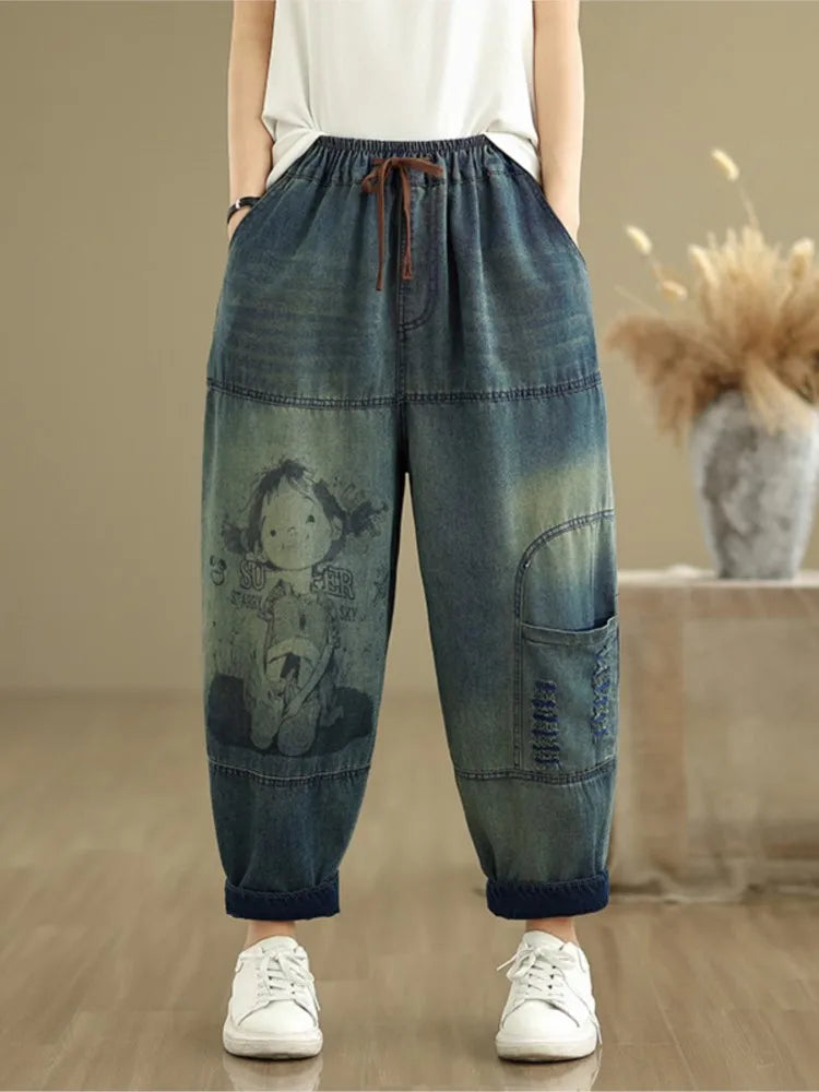 Oversized Jeans Spring Summer Pant Women Elastic High Waist Fashion Print Ladies Trousers Loose Woman Harem Pants