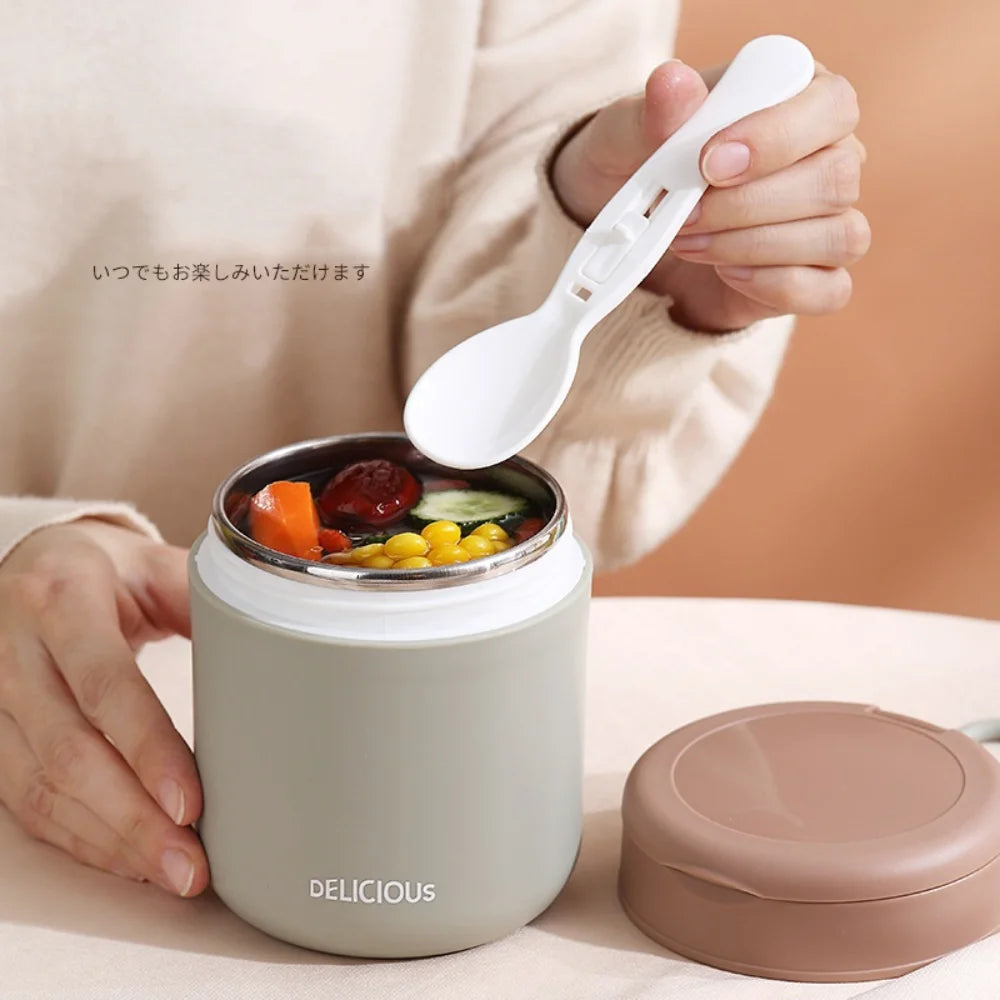 304 Stainless Steel Insulated Breakfast Cup Sealed Soup Bowl Wide Mouth Insulated-Food-Jars Porridge Cup with Spoon