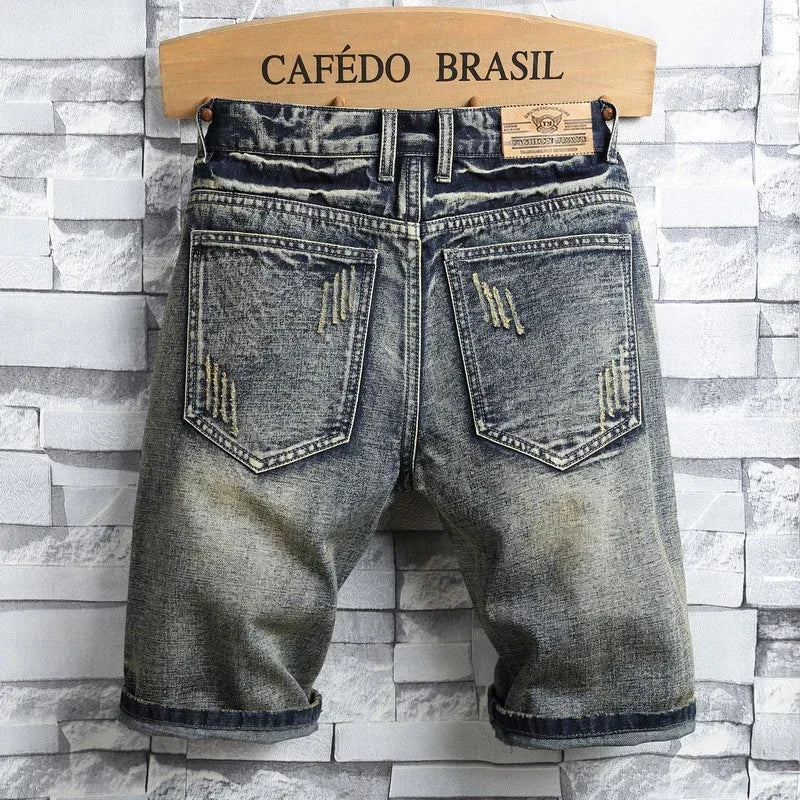 Spliced Ripped Hole Short Jeans Men Streetwear Vintage Denim Shorts Male Patch Plaid Hip Hop Fashion Shorts for Mens