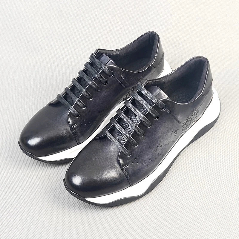 Luxury Handmade Genuine Cowhide Leather Casual Oxfords Mens Dress Shoes Height Increasing Lace-up Flat Sneakers for Men