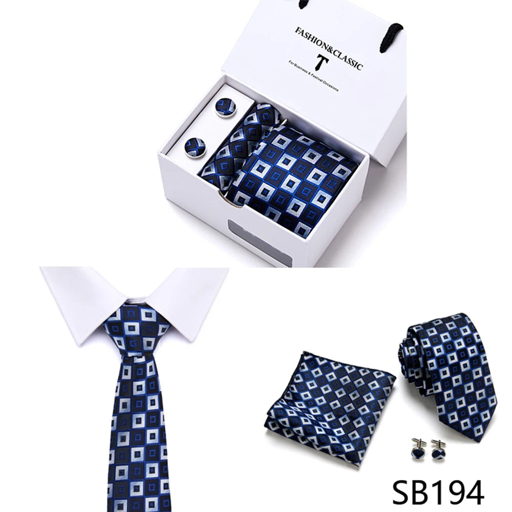 High Quality 7.5 cm Stripe Blue Tie Pocket Square Cufflinks Set For Men Gift Box Wedding Gravatas Fit Workplace