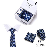 High Quality 7.5 cm Stripe Blue Tie Pocket Square Cufflinks Set For Men Gift Box Wedding Gravatas Fit Workplace