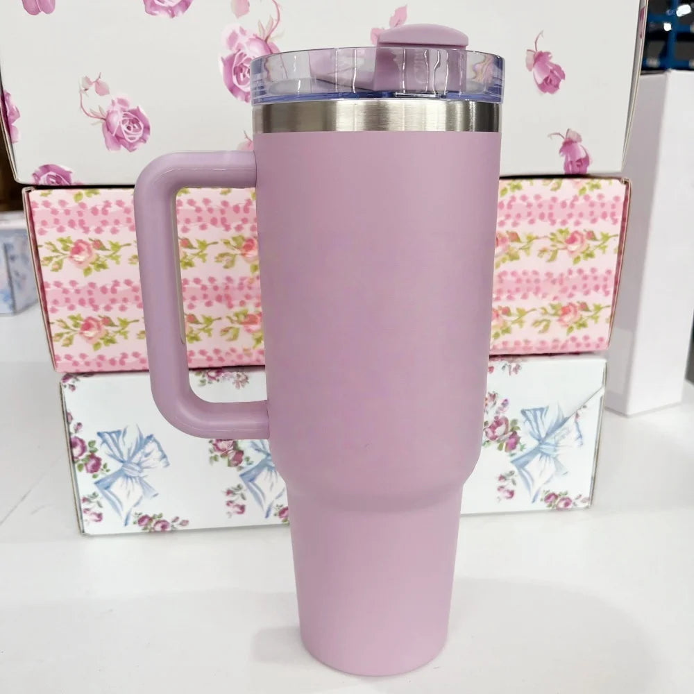 Stainless Steel Vacuum Insulated Car Cup with Dual Straw Lid, Thermal Icy Travel Handle 40oz New