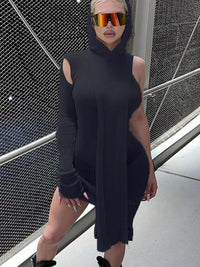 Simenual One Sleeve Knit Asymmetric Midi Dresses Skinny Ribbed Hooded Streetwear Baddie Clothes Fall Spring Clubwear Tight Dress