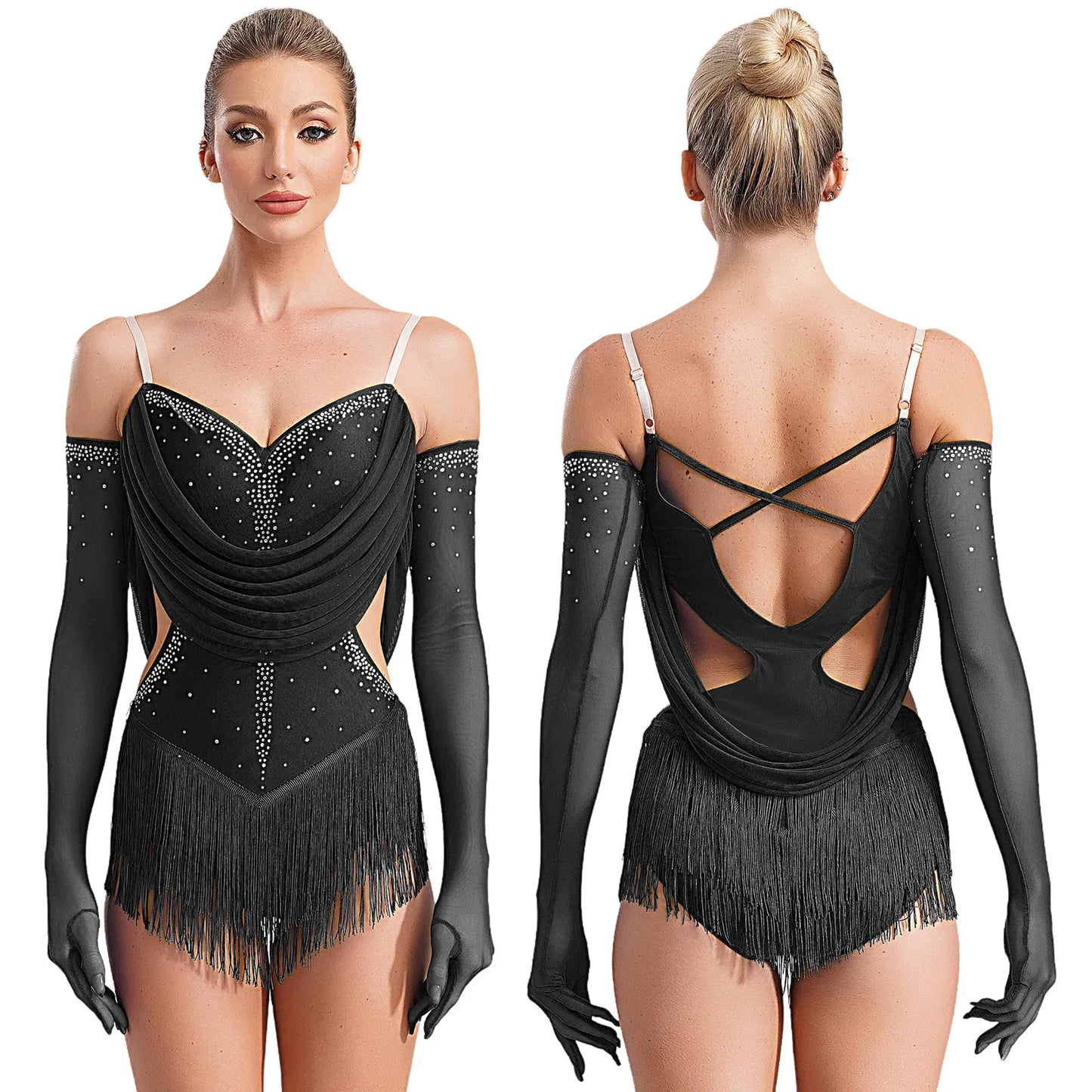 Womens Tassel Jazz Latin Dance Leotard Dress Glittery Rhinestones Adjustable Straps Cutout Fringed Bodysuit with Gloves