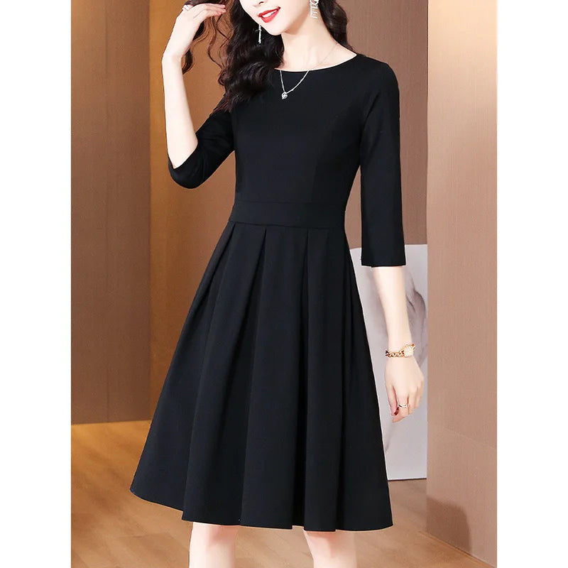 Elegant O-Neck Solid Color Spliced Loose Folds Mini Dress Women's Clothing 2023 Autumn New Oversized Office Lady Princess Dress