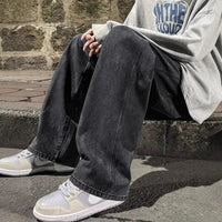 Blue Washed Denim Jeans for Men Straight Loose Fit Wide Leg American Style High Street Casual Pants Trendy Simple