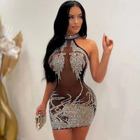 Women Party Club Night Mini Bodycon Dress Luxury Rhinestone Sparkly Birthday Skirt