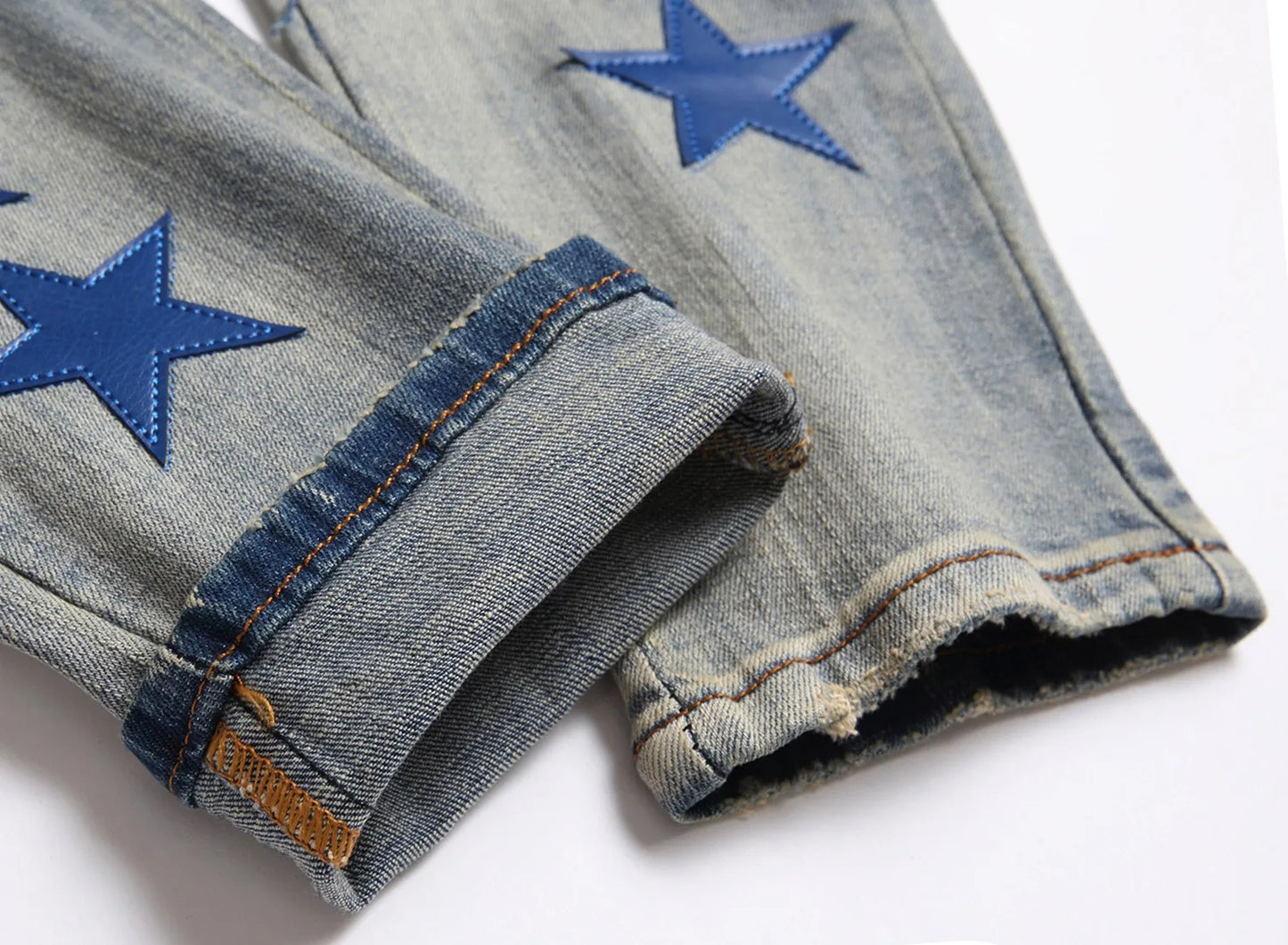 New Style Men’s Light Luxury Blue Ripped Jeans ,Slim Fit Sexy Denim Jeans,Stars Decors Punk Jeans,Trendy Casual Jeans;