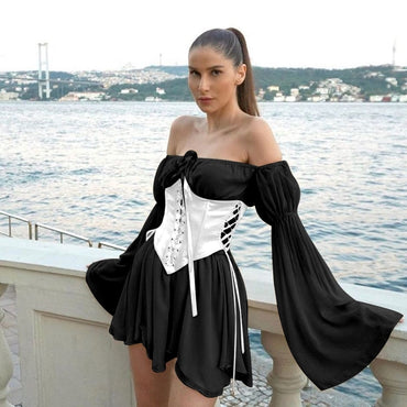 Women Fairy Pink Chiffon Mini Dress Chic Bandage Corset Vintage Long Puff Sleeve Sundress Slash Neck Bridesmaid Bodycon Beach