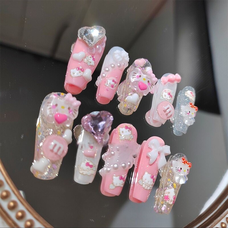 10PCS Sanrio Manicure Hello Kitty Cute Cartoon Resin Hand Carved Nail Three Dimensional Relief Kawaii Girl Nail Decoration Gifts