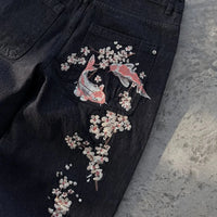 Y2K Baggy Jeans Oversized Cherry Blossom Embroidery Harajuku Vintage Wide Leg Pants Gothic Men Women Hip Hop Straight Leg Pants