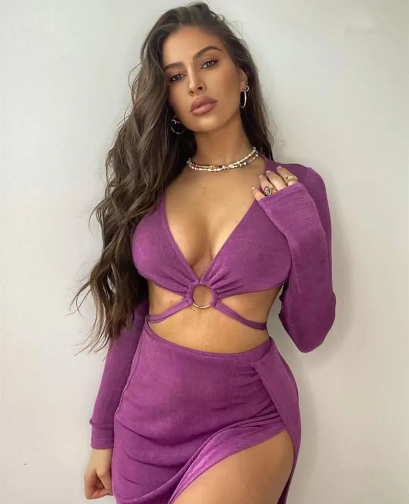 2023 New Long Sleeve Bandage Dress Sets Elegant Women Top And Skirts Sexy Club Split Skirts Two Piece Set Summer Fashion Outfits