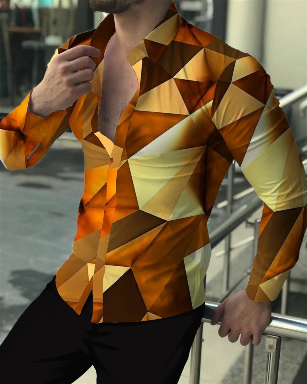 2023 latest prom fashion luxury social men's long-sleeved lapel single breasted cardigan shirt casual stitching 3D print top