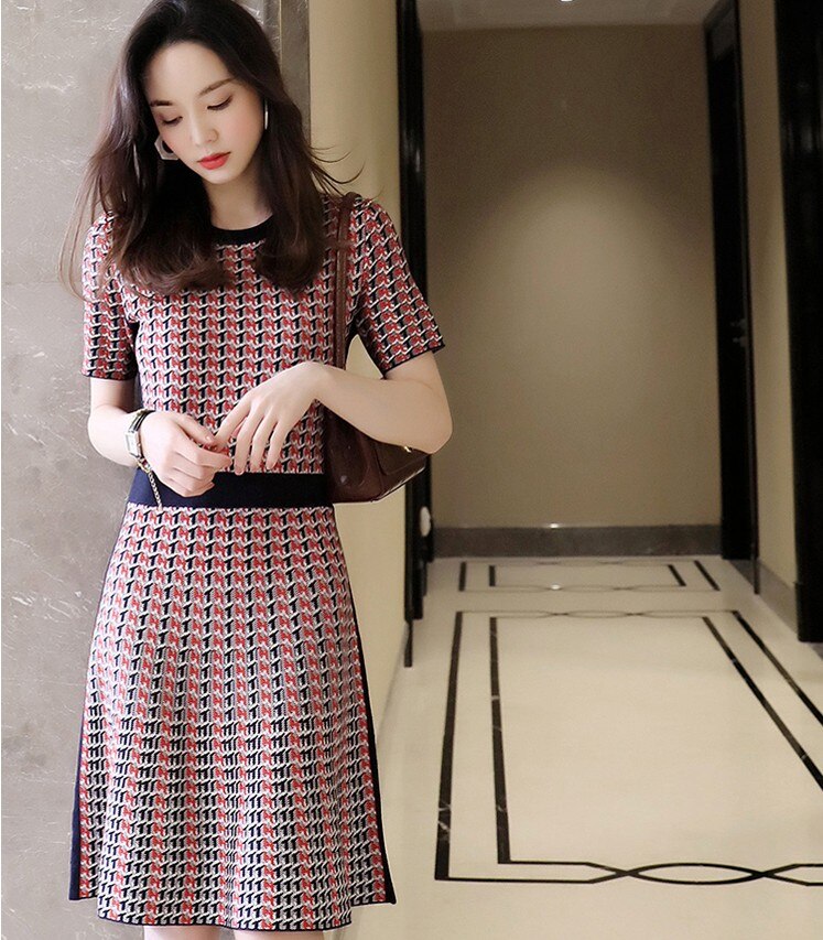 Sexy 2022 Summer Plaid Knitted Dress Female Vintage Fashion O-Neck Short sleeve A-Line Dress