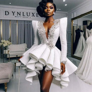 African  Women Prom Dresses With Deep V Neck Lace Appliques Beads Ruffles Evening Dress vestidos de fiesta Girls Birthday Gowns