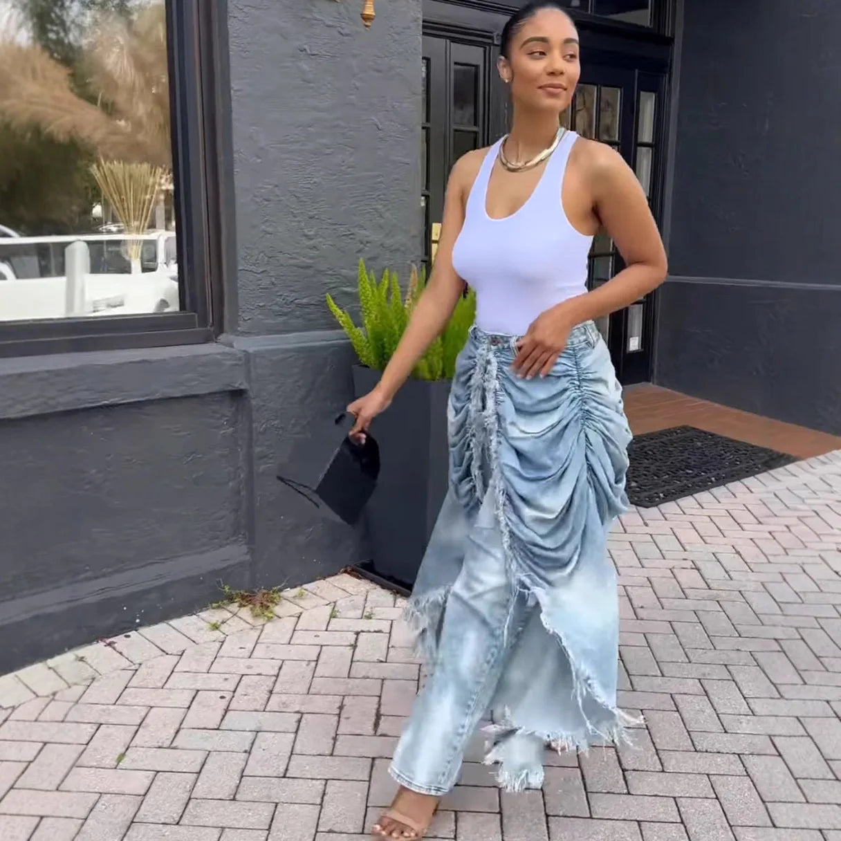 Daily Blue Pocket Ruched Frayed Trim Casual Contrast Denim Jeans High Street Vintage Casual Asymmetric Denim Trousers for Women