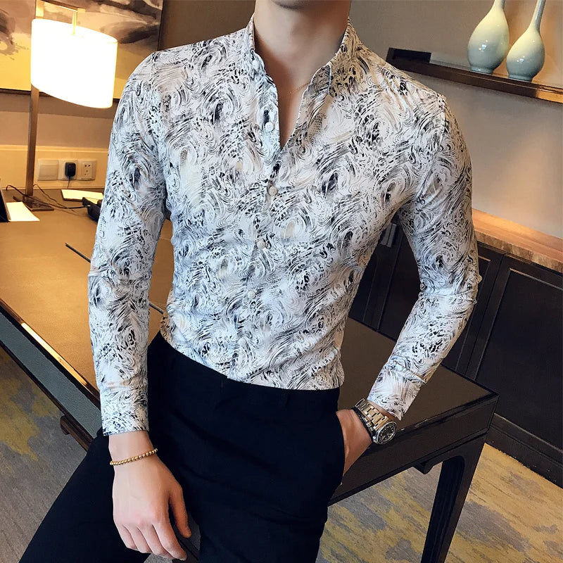 Metallic Gold Shirt Men 2017 Autumn Printed Gold White Shirt Slim Fit Mega Mart Center