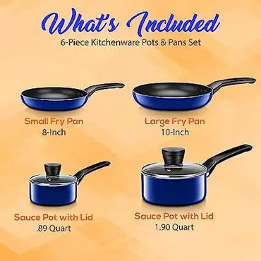 6-Piece Set Black Non-Stick Coating Inside Pots & Pans Basic Kitchen Cookware, Blue