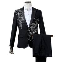New Men Luxury Decal Suits Black / Red / Blue / White Fashion Singer Host Stage Performance Splicing Flower Blazers and Pants