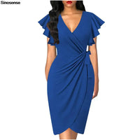 Women Vintage Floral Cocktail Party Dress Sexy V Neck Ruffle Sleeve Ruched Slim Pencil Dress OL Business Work Office Midi Dress