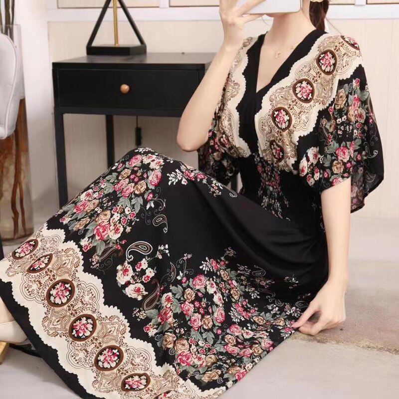 Summer Poplin Dresses Women Round Neck Puff Short Sleeve A Line Print Dresses Ethnic Style Tight High Waist Long Dress 2023