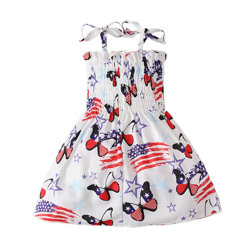 Charm Dress Girls Summer Dress American   Independence Day Print Tie-up Smocked Dress American Flag  For Girls Children Costumes