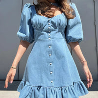 2024 Spring Casual V-neck Button Denim Dress Women Sexy Solid Hollow Out Pleated Mini Dress Summer Puff Sleeve Jeans Cloth Dress