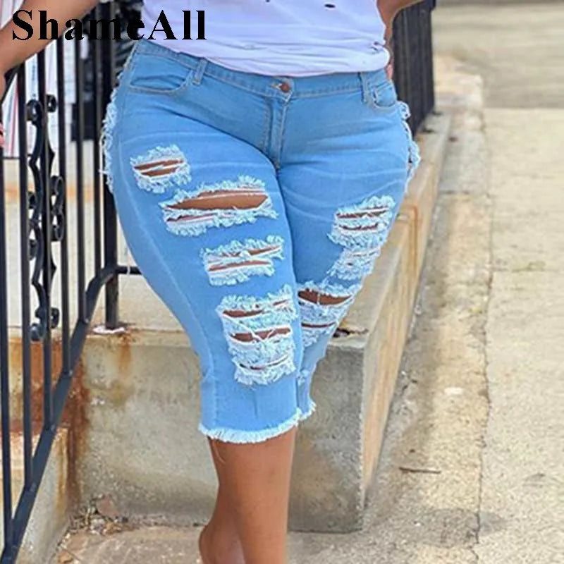 Women Plus Size Street Fringe Ripped Stretch Skinny Black Denim Shorts Summer Sexy Club Party High Waisted Short Jeans Hotpants