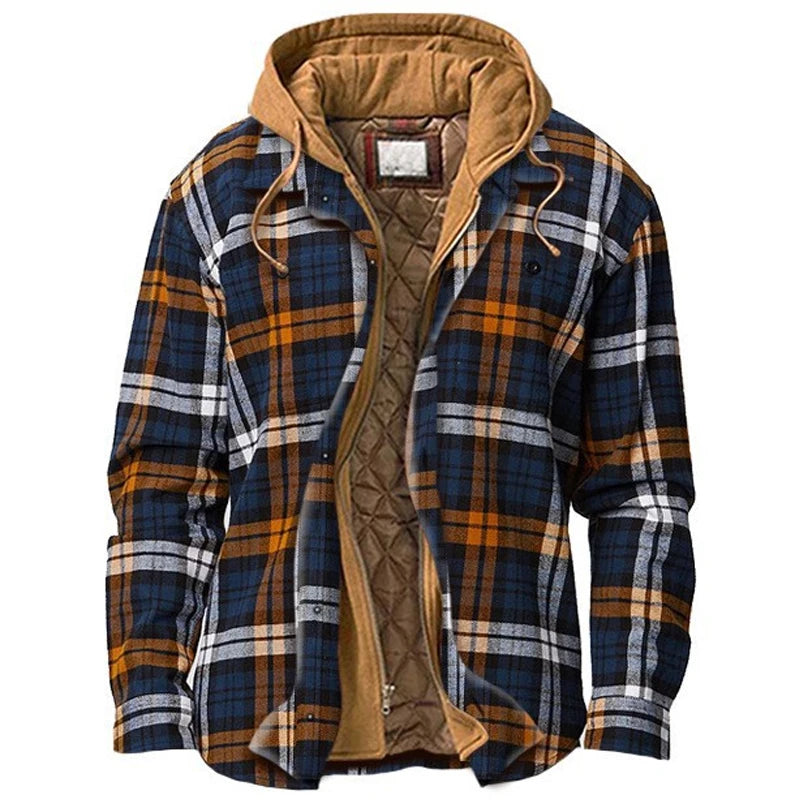 Autumn Winter Men's Jacket Plaid Thick Hooded Fake Two-piece Zipper Pocket Casual Fashion Streetwear Loose Male Coat Plus Size