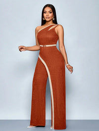 Women's Fashion Modern Party Asymmetric Neck Hollow Two-color Contrast Office Asymmetric Splicing Metal Decorated Sleeveless Str