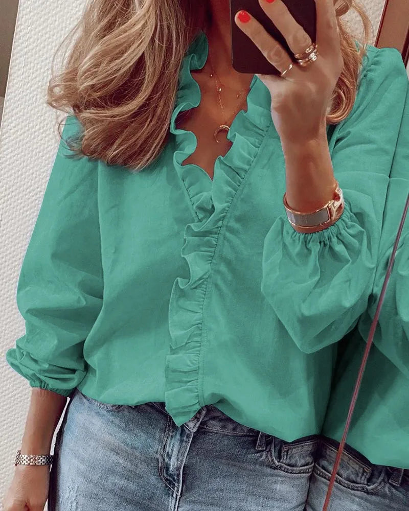 Spring and summer new long sleeved ruffled shirt women's shirt