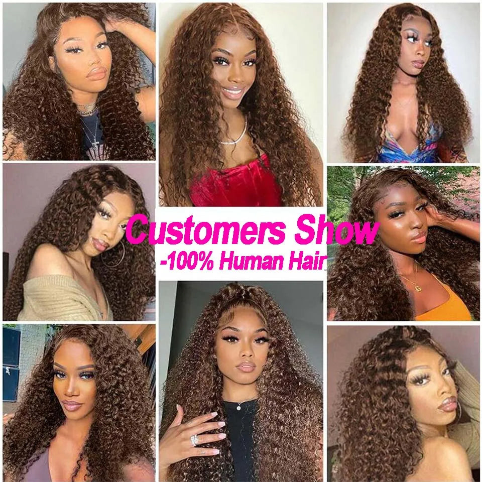 Chocolate Brown Kinky Curly Lace Frontal Human Hair Wig Transparent Lace Front Wig PrePlucked Colored Human Hair Wig On sale