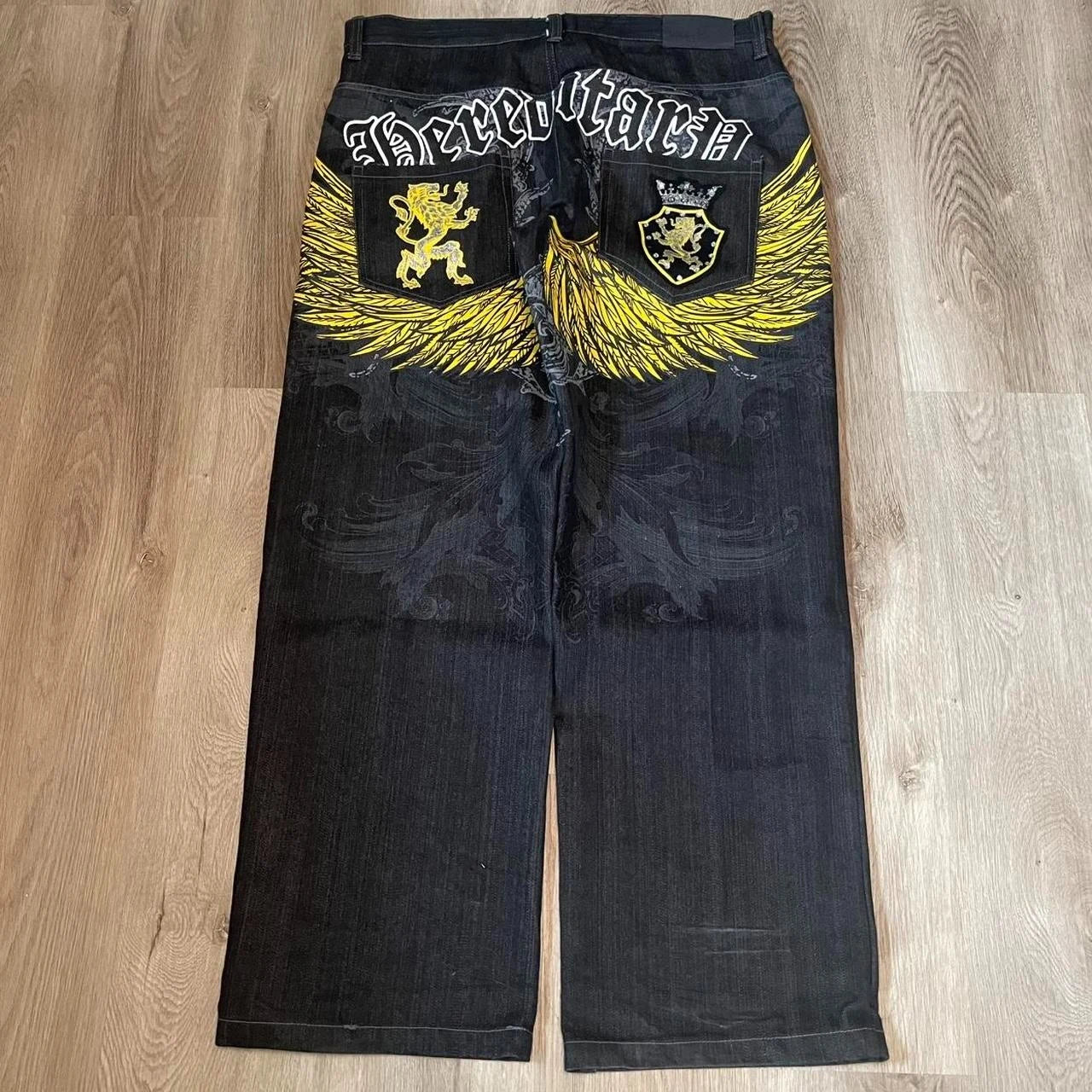 2000s washing old vintage printed jeans men gothic trend loose pants super large washing hip hop fashion wide pants