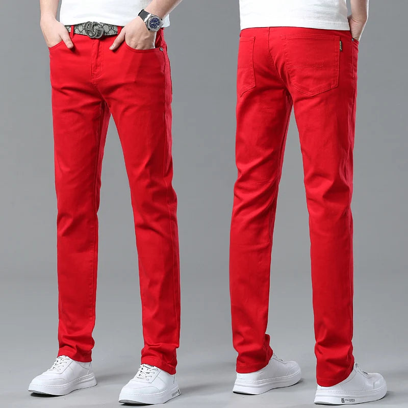 New High Quality Men's Trend Yellow Red White Jeans 2024 Spring Autumn Male High Waist Casual Pants Classic Brand Denim Trousers
