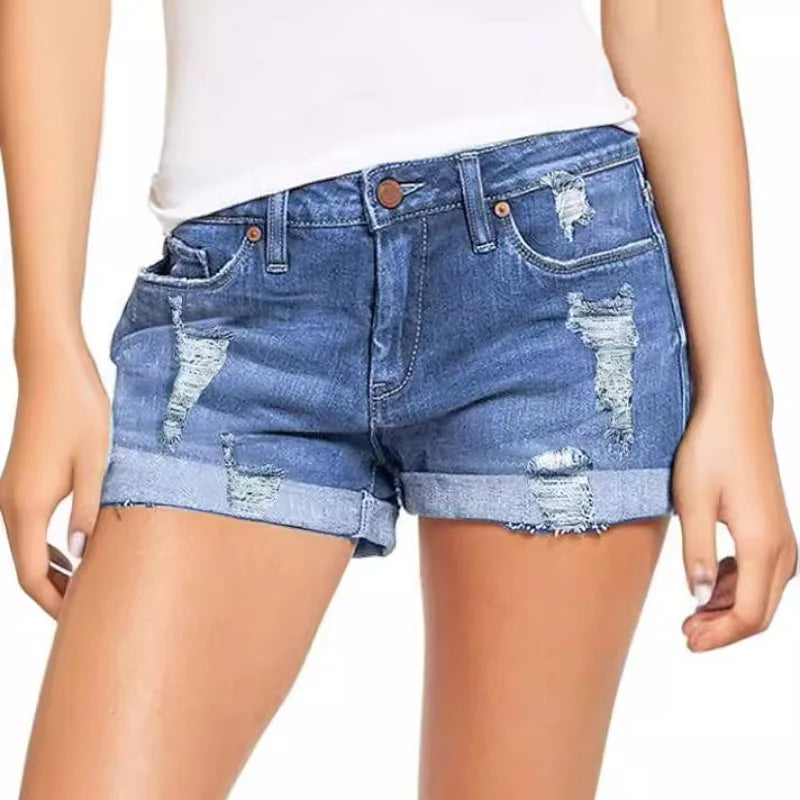 Denim Shorts for Women High Rise Ripped Distressed Jean Shorts And Pockets Summer Casual Cuffed Hem Non Stretchy Denim Shorts