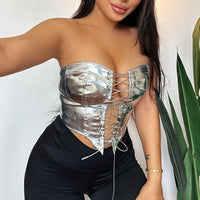 Sexy Women Shiny Gold Silver Bustier Crop Tops Bright PU Leather Crown Girdle Slimming Waist Strapless Low-cut Corset TopYL23272