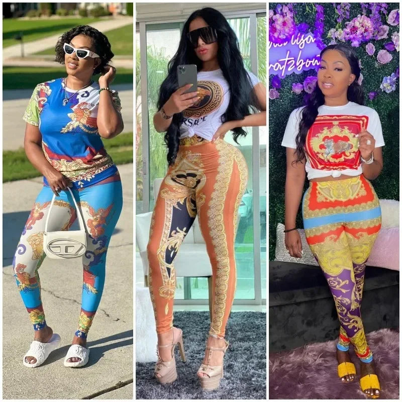 Women Two Piece Sets Slim Fit Hip Lift Suit Luxury Letter Print Neck Short Sleeve T-Shirt Crop Top Pencil Pants Tracksuit Juicy