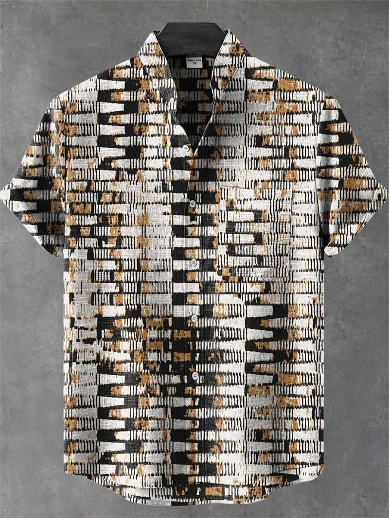Men's Short Sleeve Shirt Vintage Ethnic Style Sunlight and Tree Illustration Art Snake Print Casual Linen Shirt