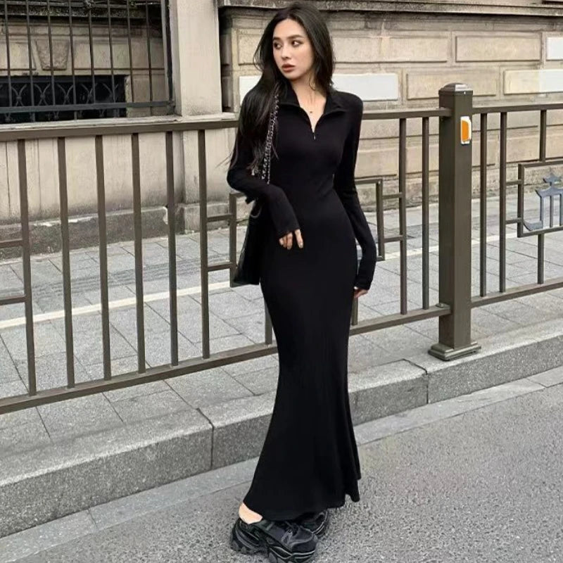 Women Basic Long Sleeve Dresses Zipper V-neck Pure Black Maxi Fashion Street Modern Sexy Female Spring Autumn Graceful Simple
