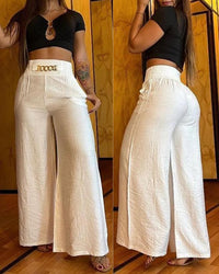 Casual Women High Waist Pants Chain Decor Europe & America Fashion Plain Pocket Design Daily Vacation Women's Wide Leg Trousers